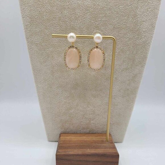 J Crew Gold Tone Freshwater Pearl Rose Quartz Crystal Earrings NWOT! - Picture 4 of 7